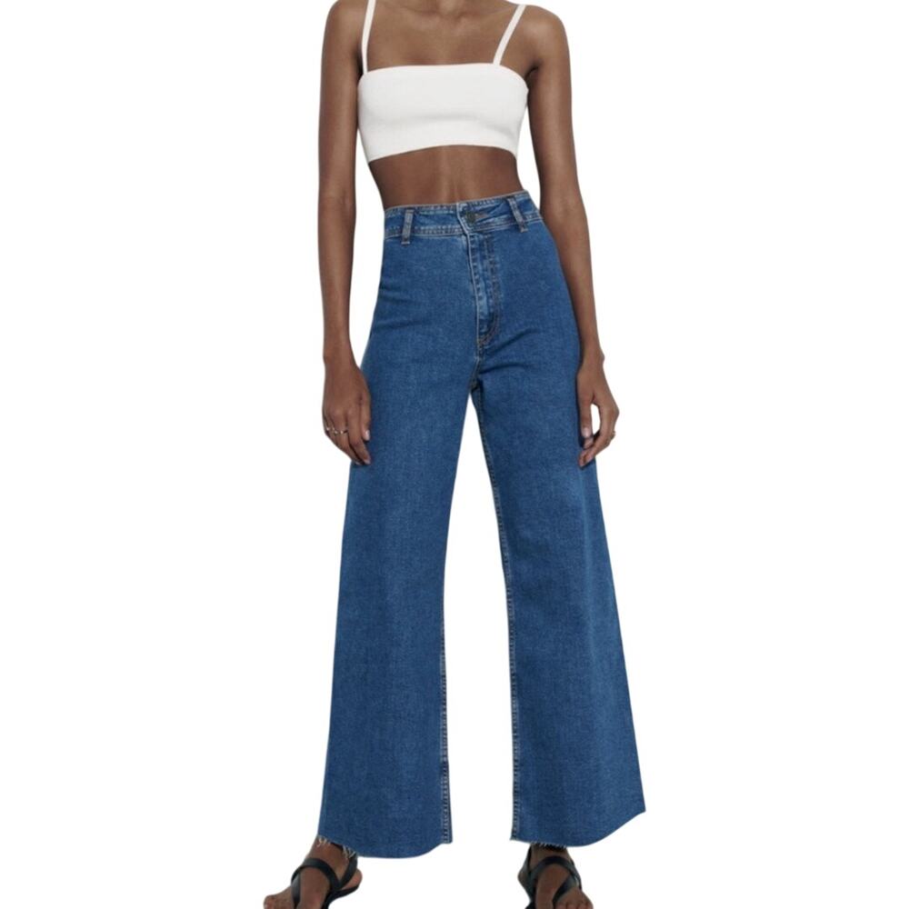 Zara High-Waist Wide-Leg Blue Denim Jeans